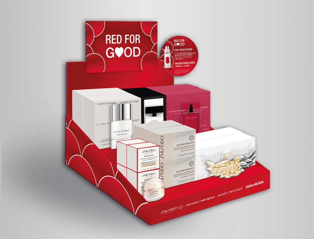 Portfolio, Red For Good, POS Material, Tischdisplay, Layout, Visualisierung, Key Visual Adaption, Wobbler Müller Promotion, narciso rodriguez, Issey Miyake, Shiseido Ginza Tokyo, Zadig&Voltaire, Shiseido Germany GmbH