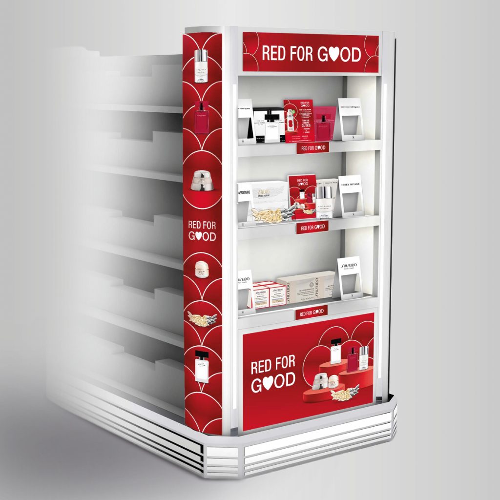 Portfolio, Red For Good, POS Material, Müller Stirngondel, Kopfgondel, Layout, Visualisierung, Key Visual Adaption, A6 Aufsteller, Müller Promotion, narciso rodriguez, Issey Miyake, Shiseido Ginza Tokyo, Zadig&Voltaire, Shiseido Germany GmbH