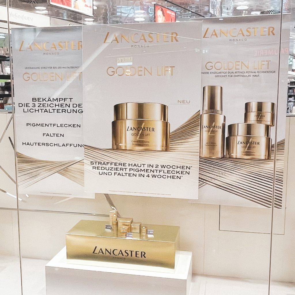 Portfolio, Lancaster Golden Lift, Launch, Müller Pormotion, Schaufenster, Layout, Visualisierung, Design, Coty Beauty Germany