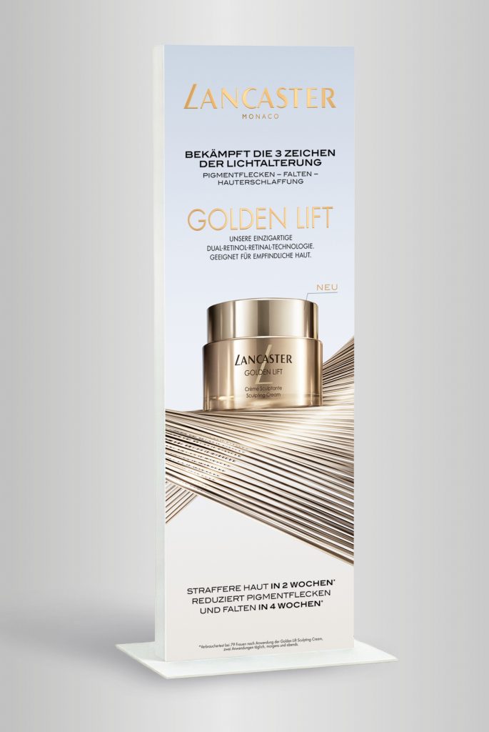 Portfolio, Lancaster Golden Lift, Launch, Müller Pormotion, Bodenplakat, Plakat, Layout, Visualisierung, Design, Coty Beauty Germany