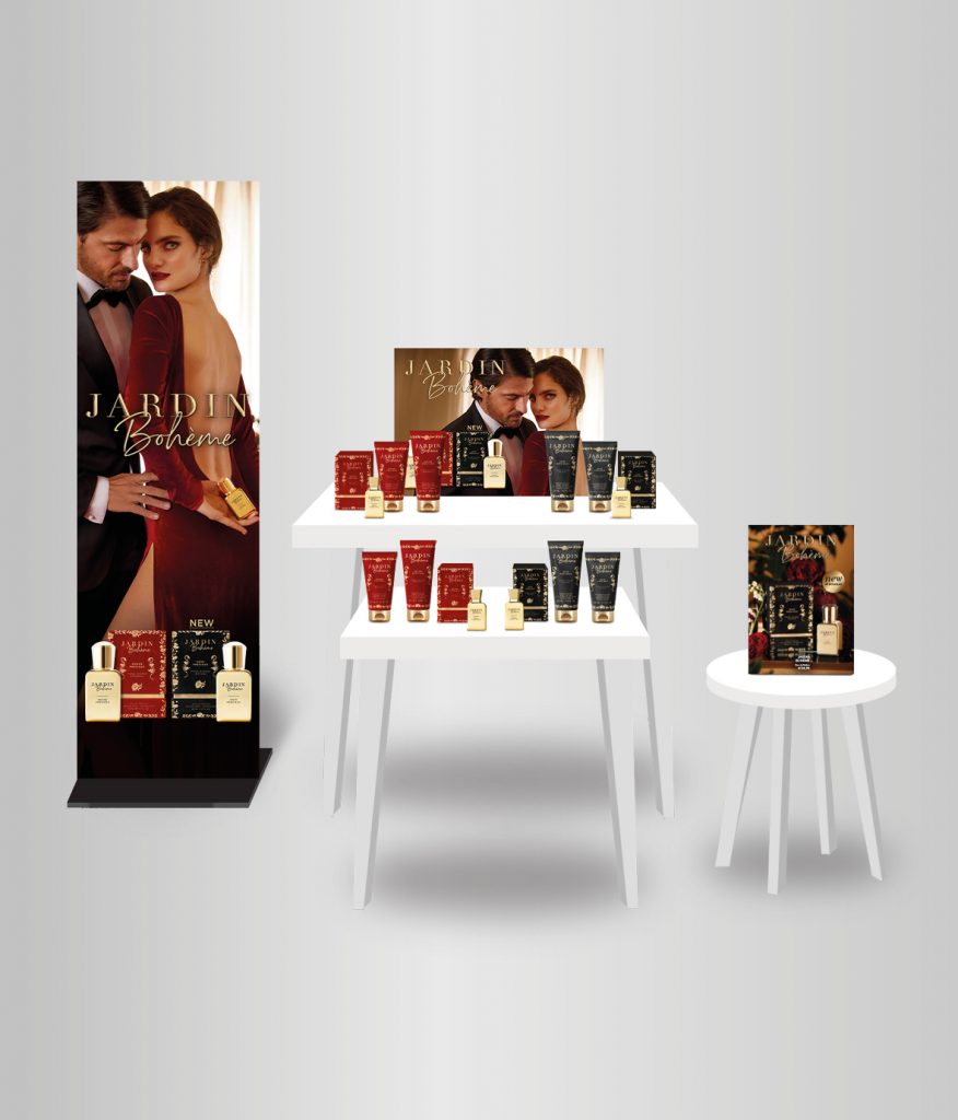 Portfolio, Douglas, Jardin Bohéme, Noir Précieux, Rouge Precieux, Parfum, duschgel, Body Lotion, Key Visual Gestaltung, Launch, Visual Adaption, Eingansbereich, Bodenplakat, Stehplakat, Countercard, Ancillaries, Ultimate Skin Aesthetics GmbH, Klieber Artworks