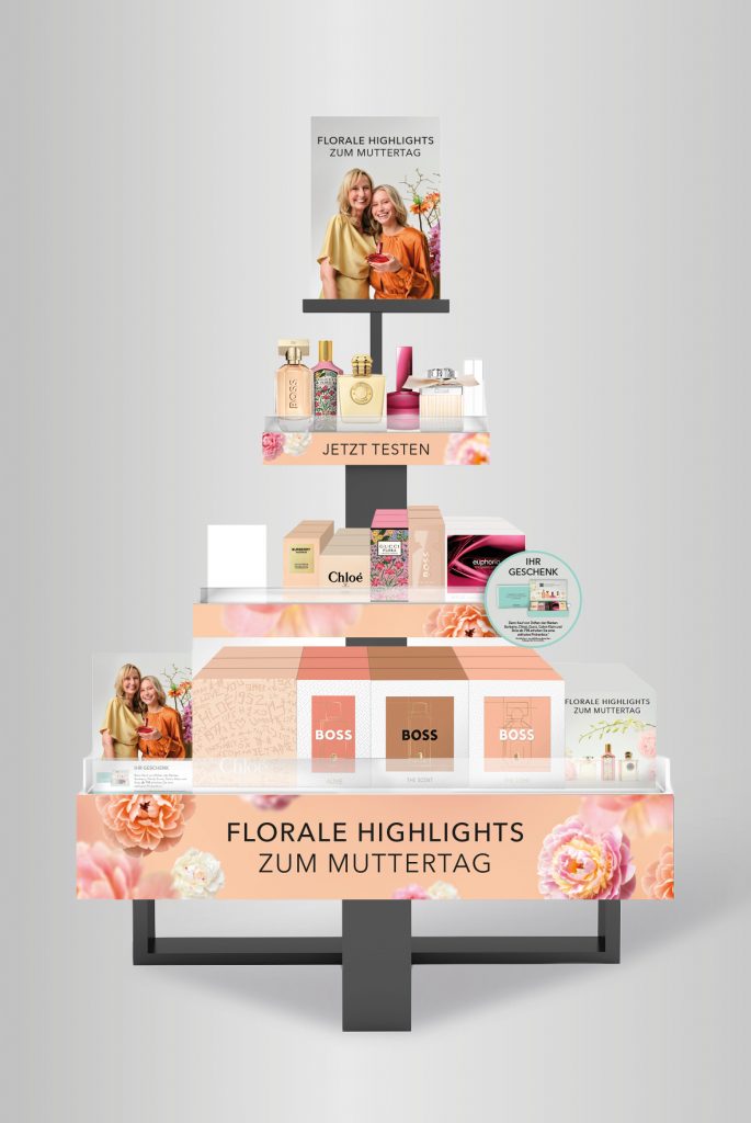 Portfolio, Instoreplatzierung, Multiline, Wobbler, Countercard, Douglas Promotion, Muttertags Douglas Pyramide, Coty Beauty Germany GmbH, Klieber Artworks