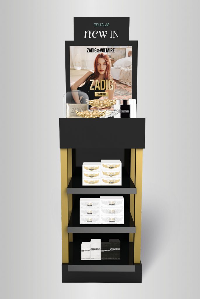 Portfolio, Douglas New In Tower, GWP Aktion, Key Visual Adaption, POS Instore Platzierung, Zadig&Volatraie, ZADIG EDP, Shiseido Germany GmbH, Klieber Artworks