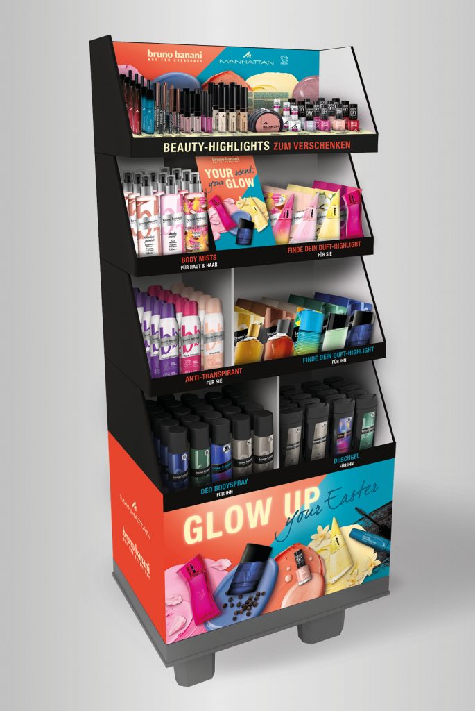 Portfolio, FREISTEHENDE DISPLAYS FSU, Free Standing Unit, BRUNO BANANI & MANHATTAN LIDL CHEP-DISPLAY OSTERN, Layout, Gestaltung, Stanze, Aufsteller, Coty Beauty Germany GmbH, Klieber Artworks