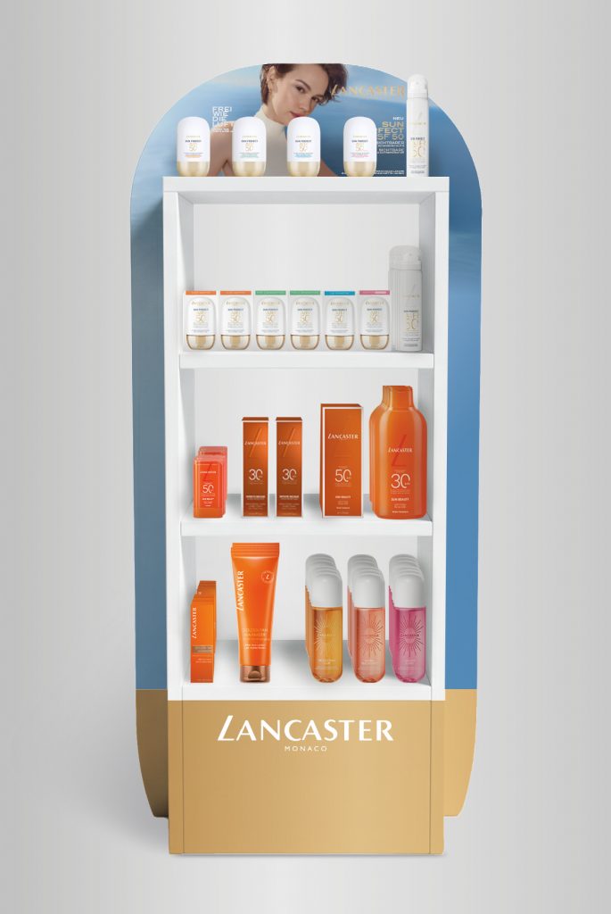 Portfolio, FREISTEHENDE DISPLAYS FSU, Free Standing Unit, Lancaster, Sun Perfect Air, Bodenaufsteller, Layout, Gestaltung, Stanze, Aufsteller, Coty Beauty Germany GmbH, Klieber Artworks