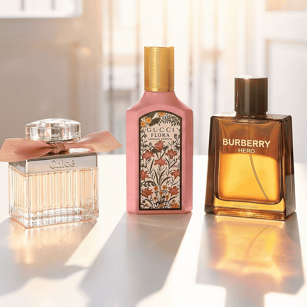 Animierte Illustration der Kreativarbeit von Klieber Artworks, Flakons von Chloè, Gucci Flora und Burrberry Hero auf Tisch Klieber Artworks